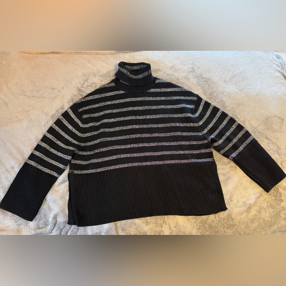 GAP Sweaters - GAP Black Oversized Turtleneck Sweater with Metallic Silver Stripes. PTP 24.5”